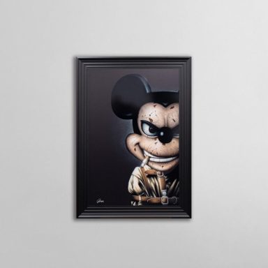 A stylised cartoon character with a mischievous expression peering from a dark background.